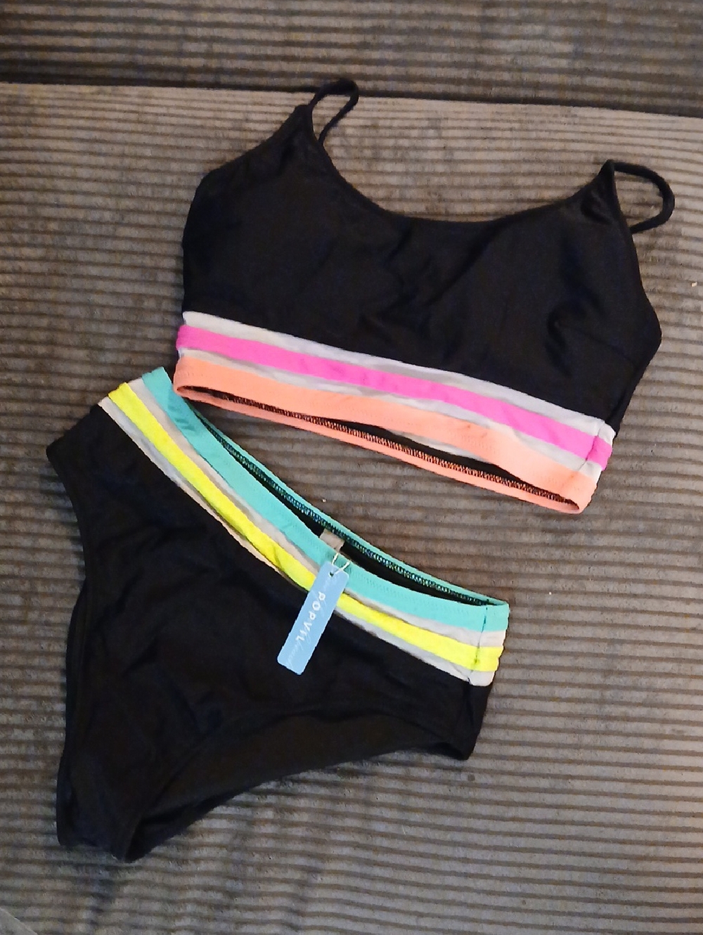 Popvil Black Women's Two-Piece Bikini with Neon Stripe Accents